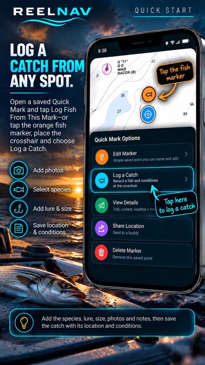 ReelNav catch logging flow showing where to tap a saved fish marker and record a catch
