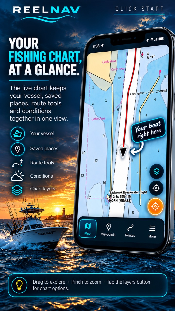 ReelNav live marine chart showing the vessel, saved places, route tools, conditions, and chart layers