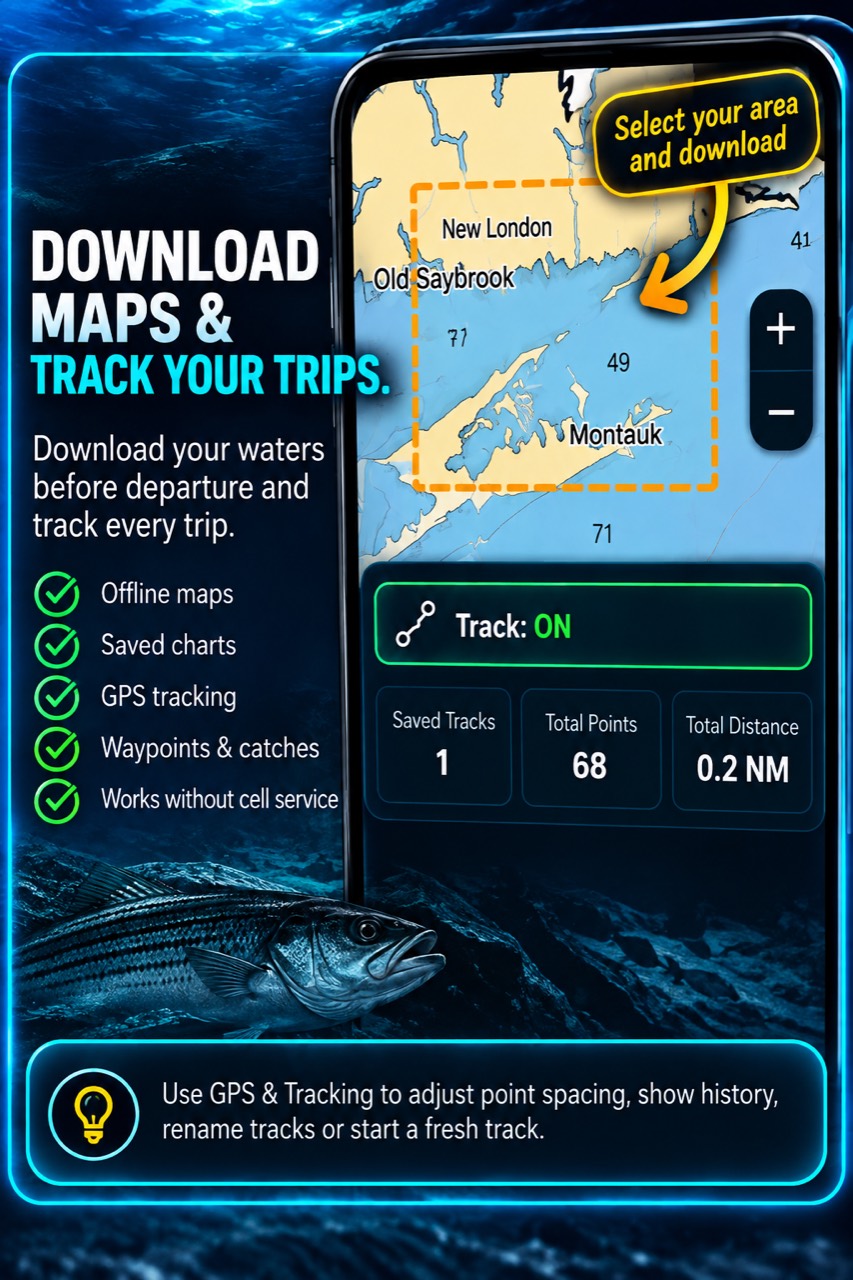 ReelNav offline map download and GPS trip tracking controls