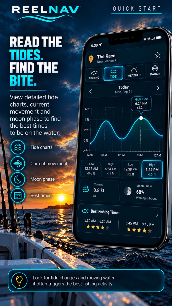 ReelNav tide screen showing a detailed tide chart, current movement, moon phase, and best fishing times
