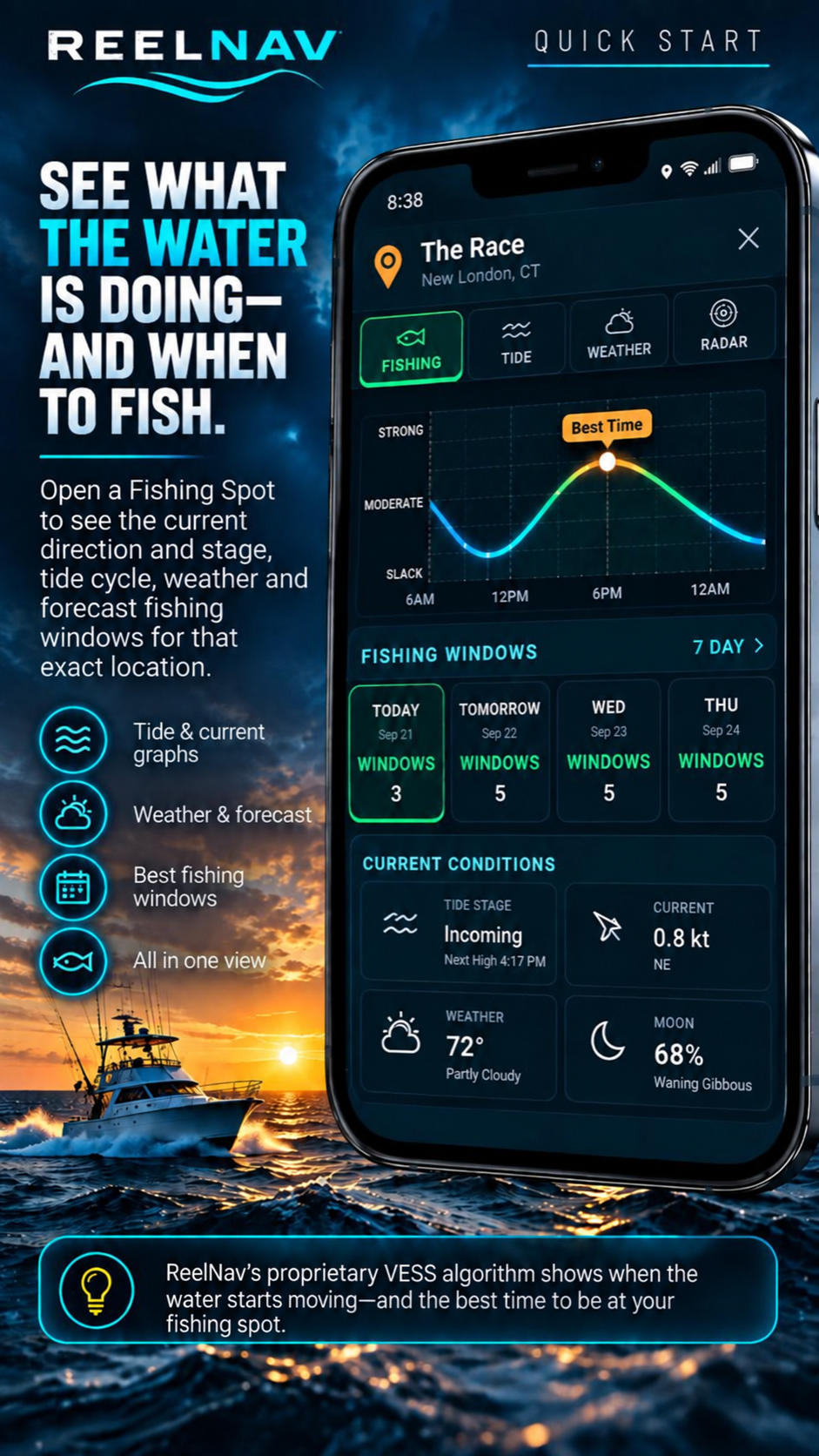 ReelNav Fishing Spot view showing water movement, weather, tides, and upcoming fishing windows powered by the proprietary VESS algorithm