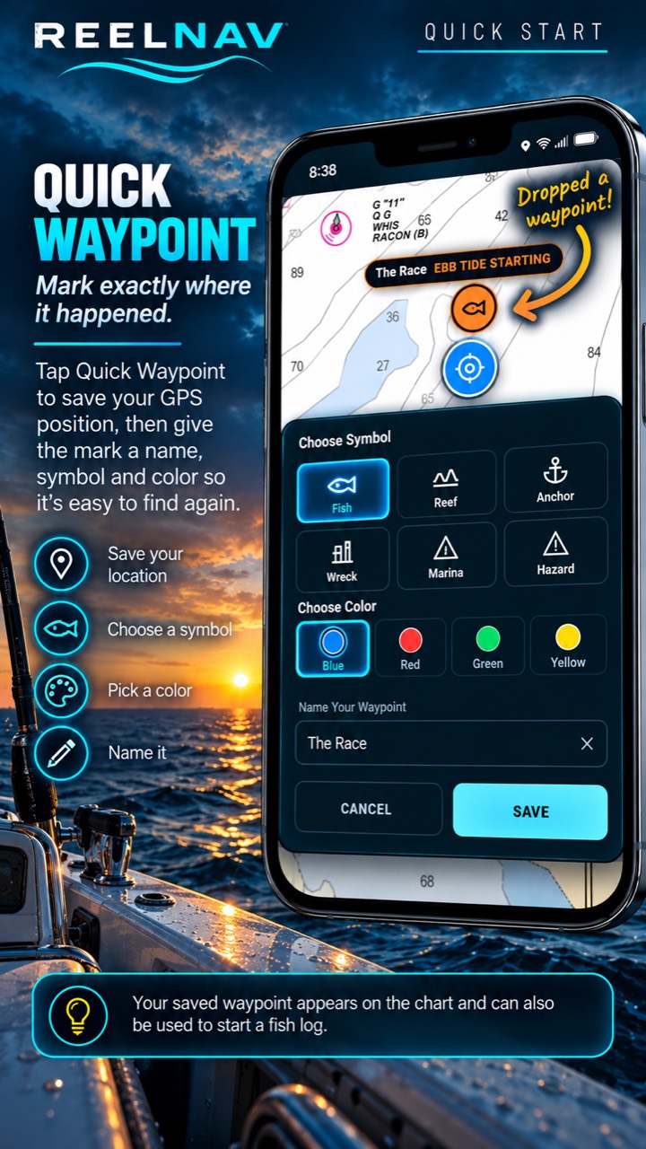ReelNav Quick Waypoint screen for saving a GPS location with a name, symbol, and color