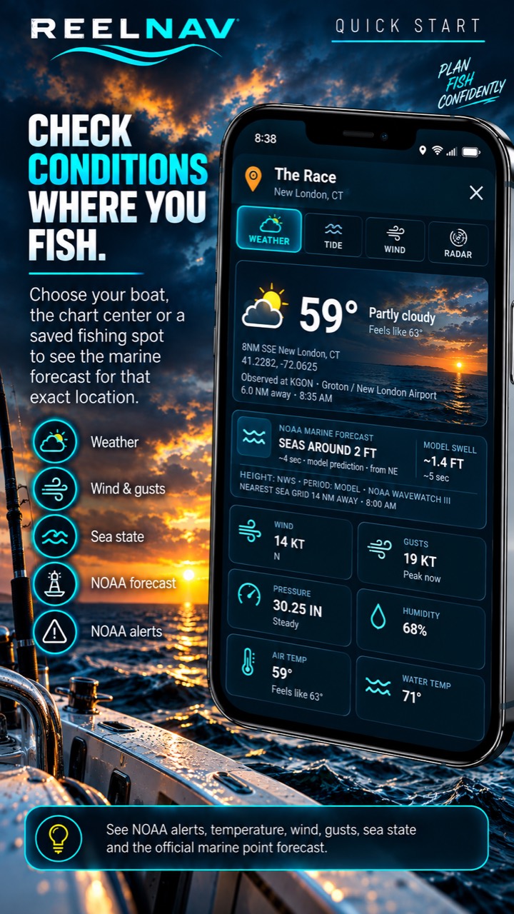 ReelNav marine weather screen showing conditions, wind, gusts, sea state, temperature, and NOAA forecast information